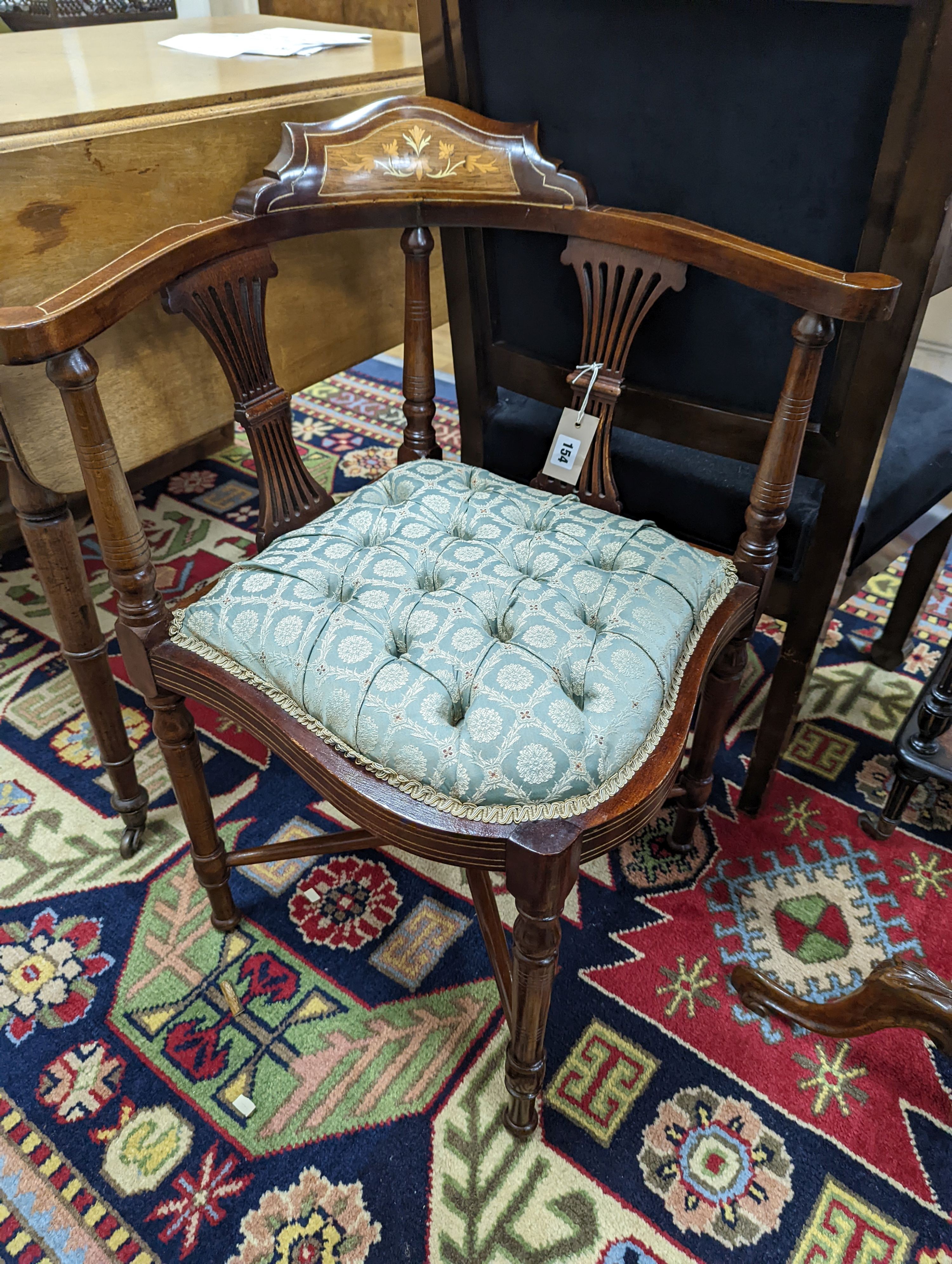 An Empire style gilt metal mounted beech elbow chair together with a late Victorian inlaid corner chair